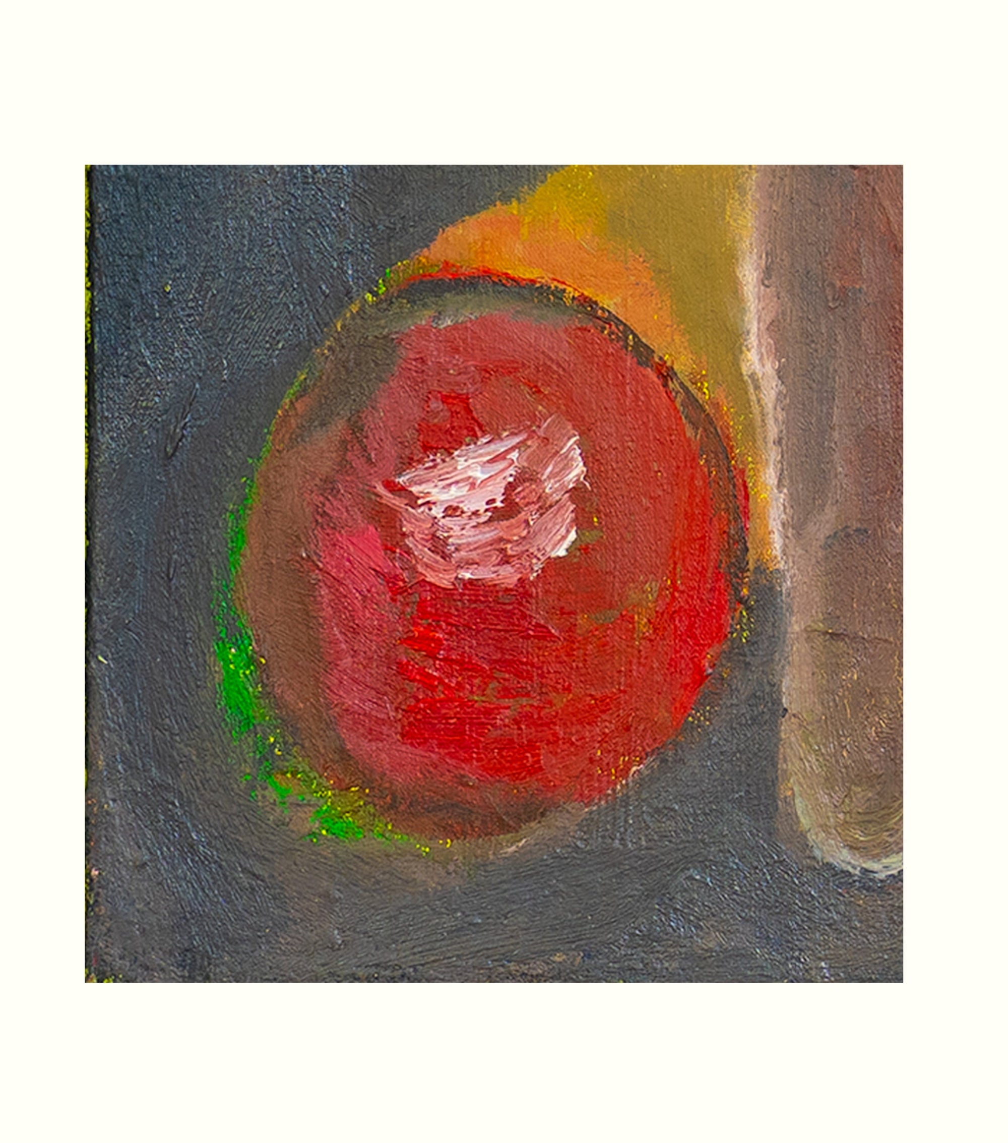 Abstract painting with a red circle on a gray background