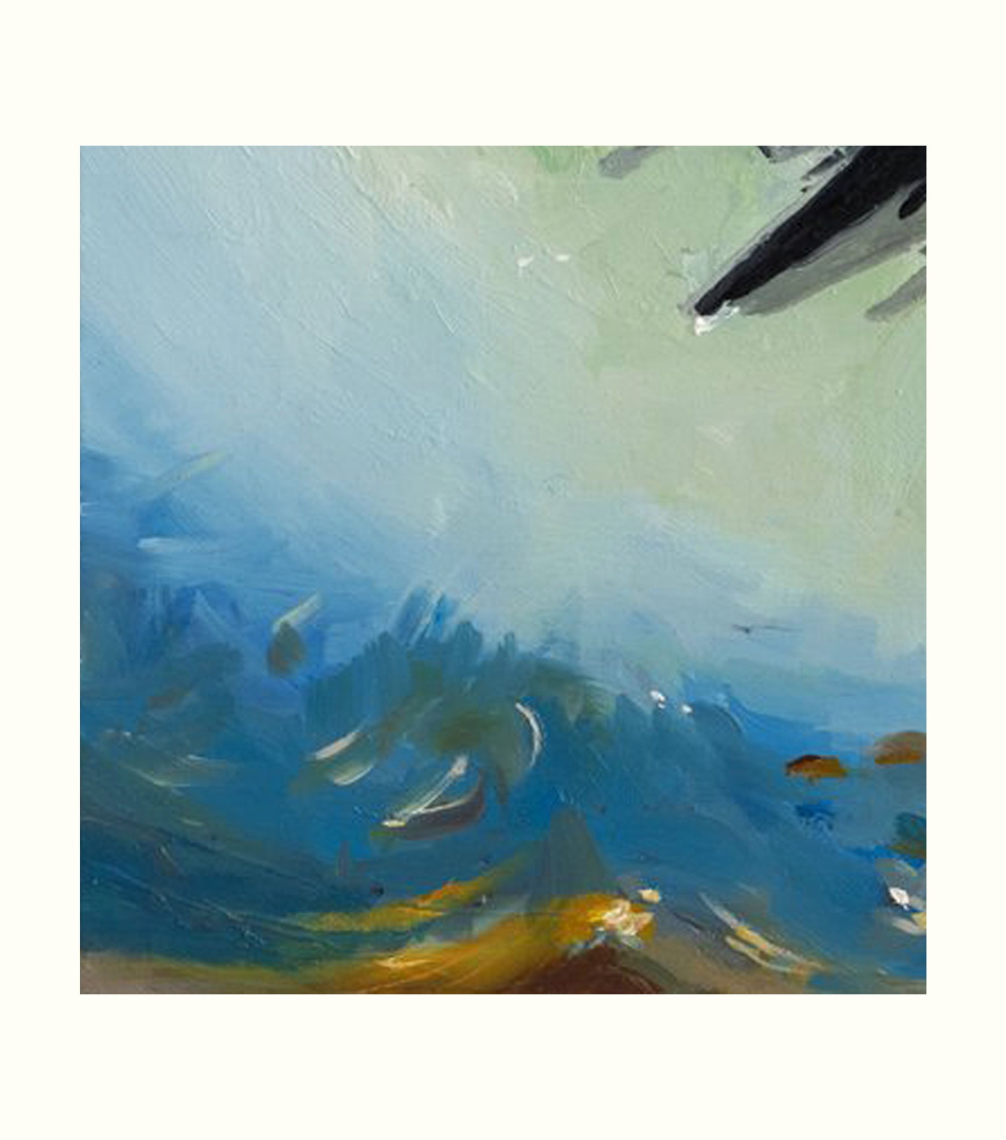 Abstract painting with blue, green, and yellow colors on a white background