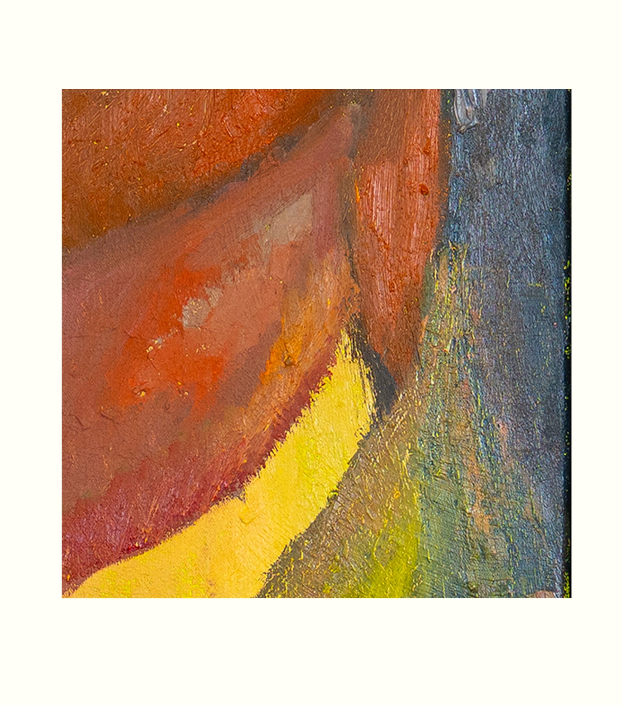 Abstract art with red, yellow, and blue colors on a white background