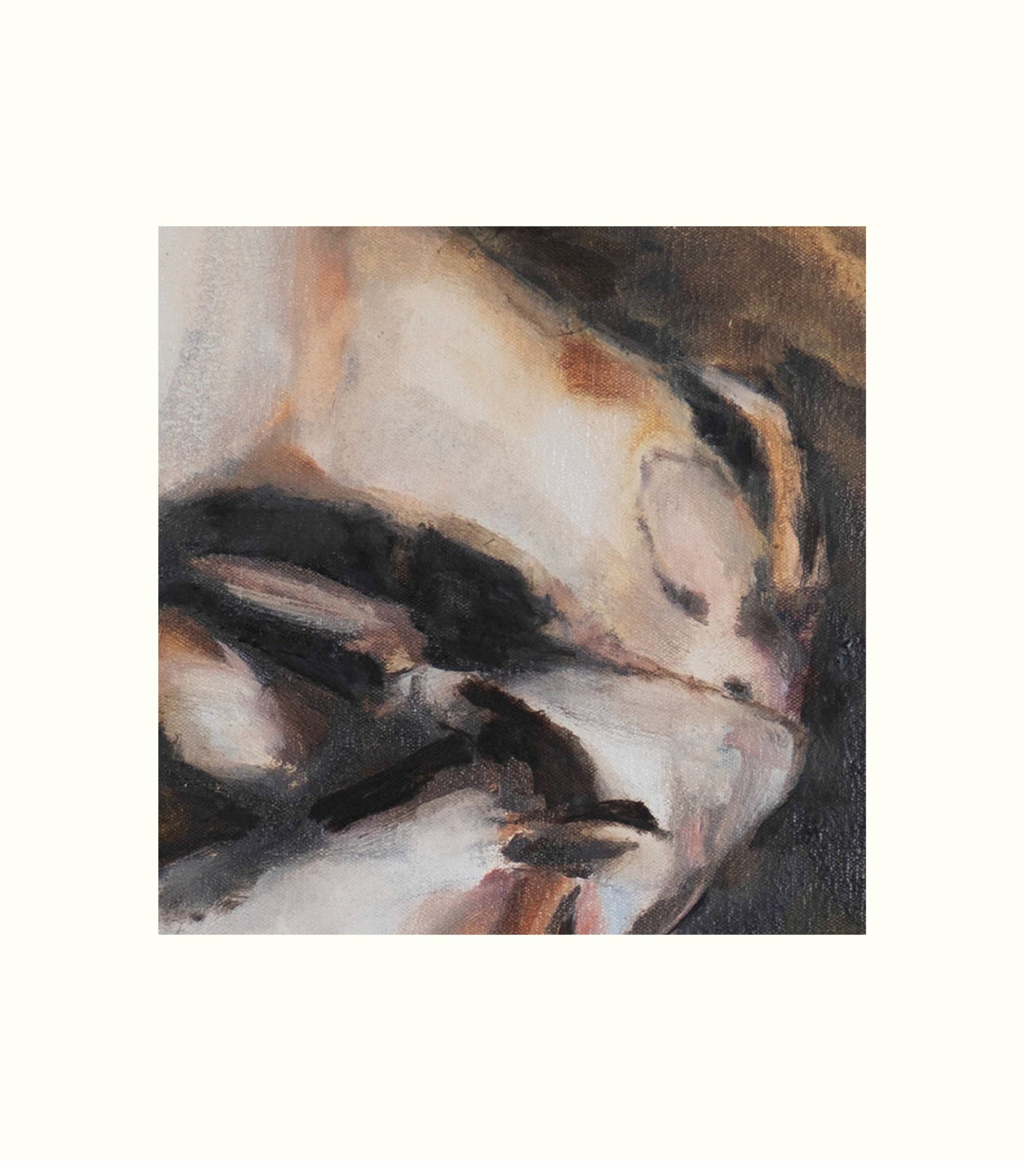 Artistic depiction of a cat and dog lying together on a white background