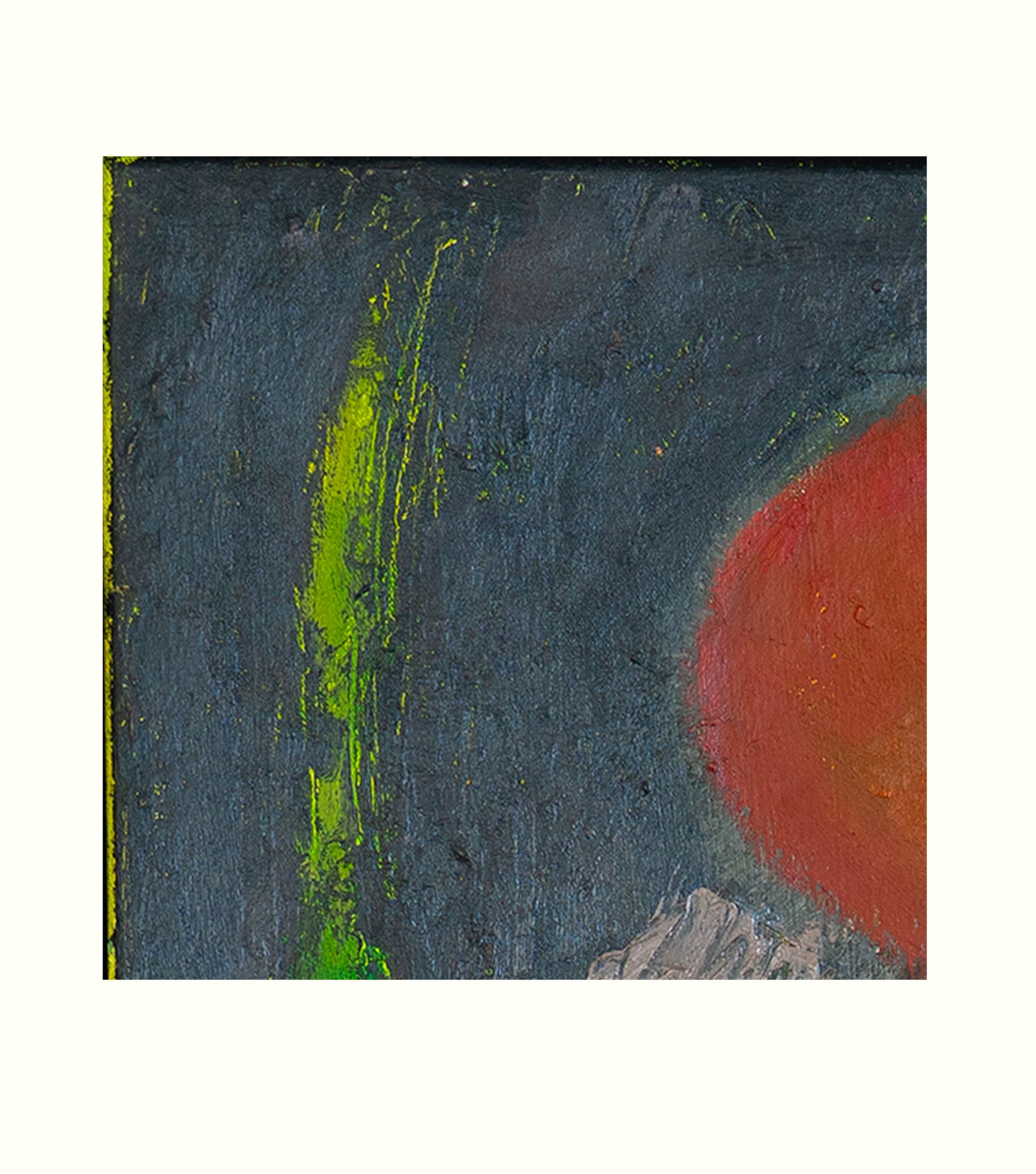 Abstract art piece with red and green elements on a dark background