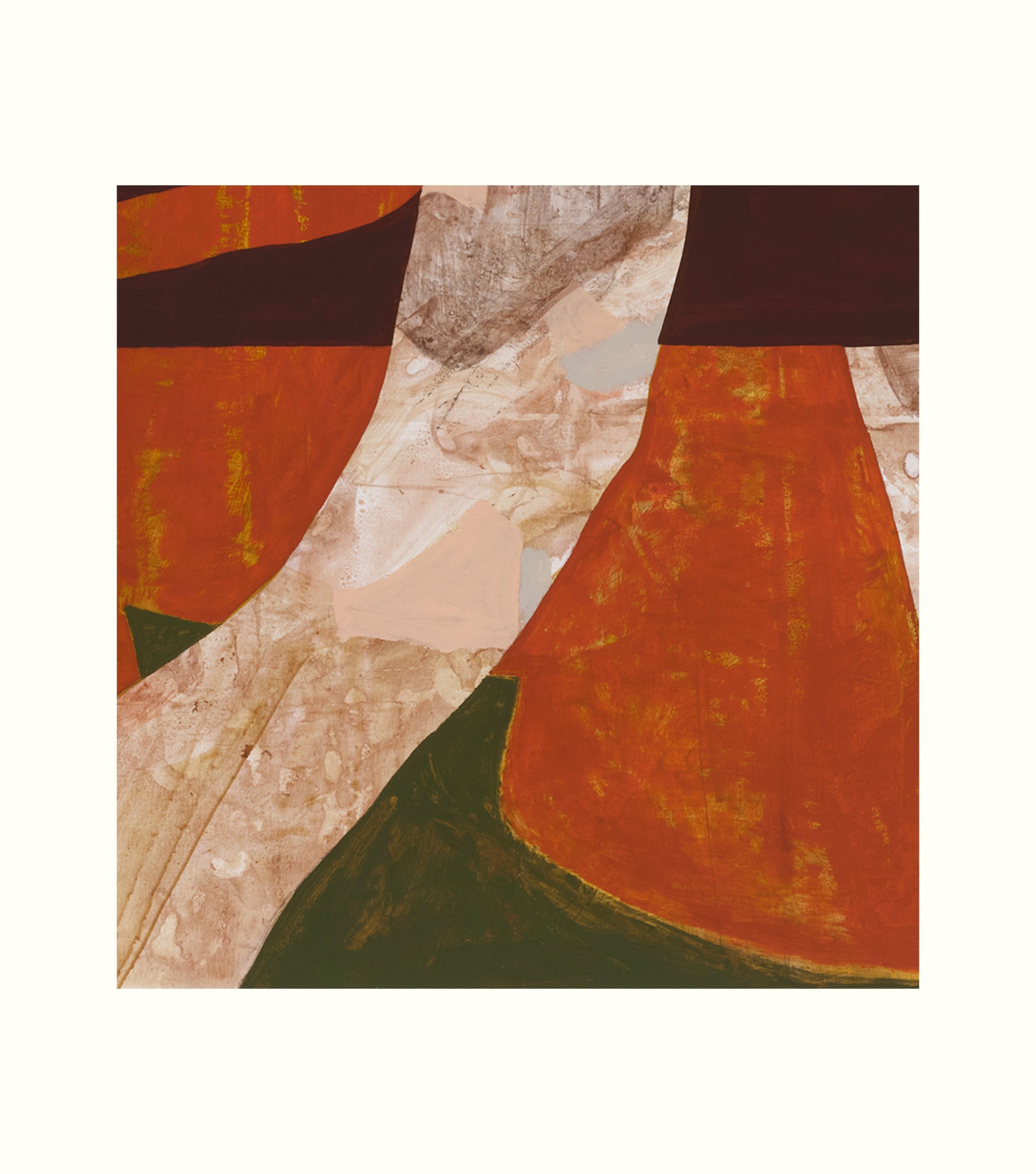 Abstract art piece with geometric shapes in brown, beige, and green on a white background