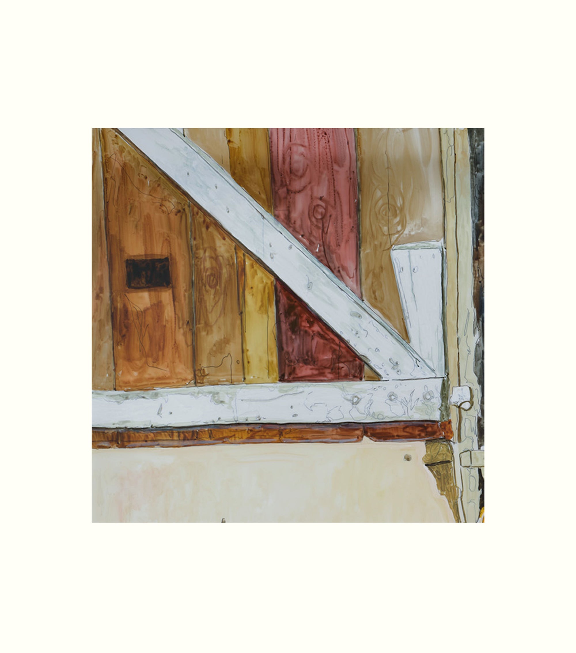 Close-up of a wooden door with a white frame and various wood tones.