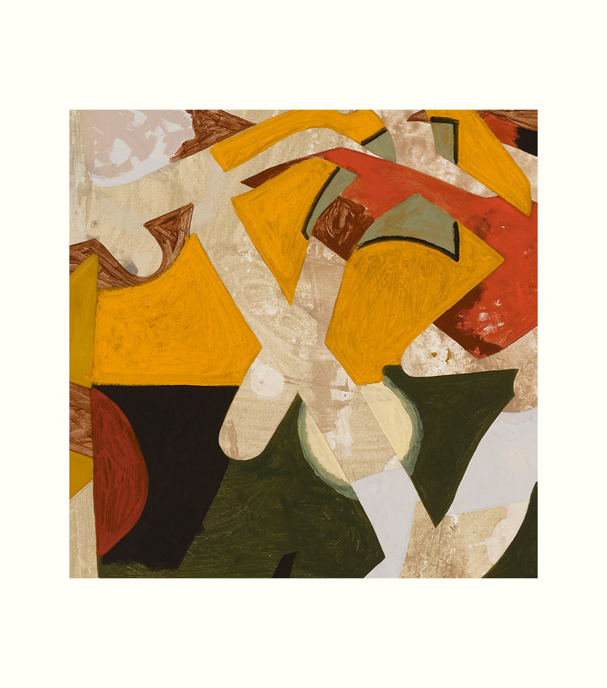 Abstract artwork with geometric shapes in various colors on a white background