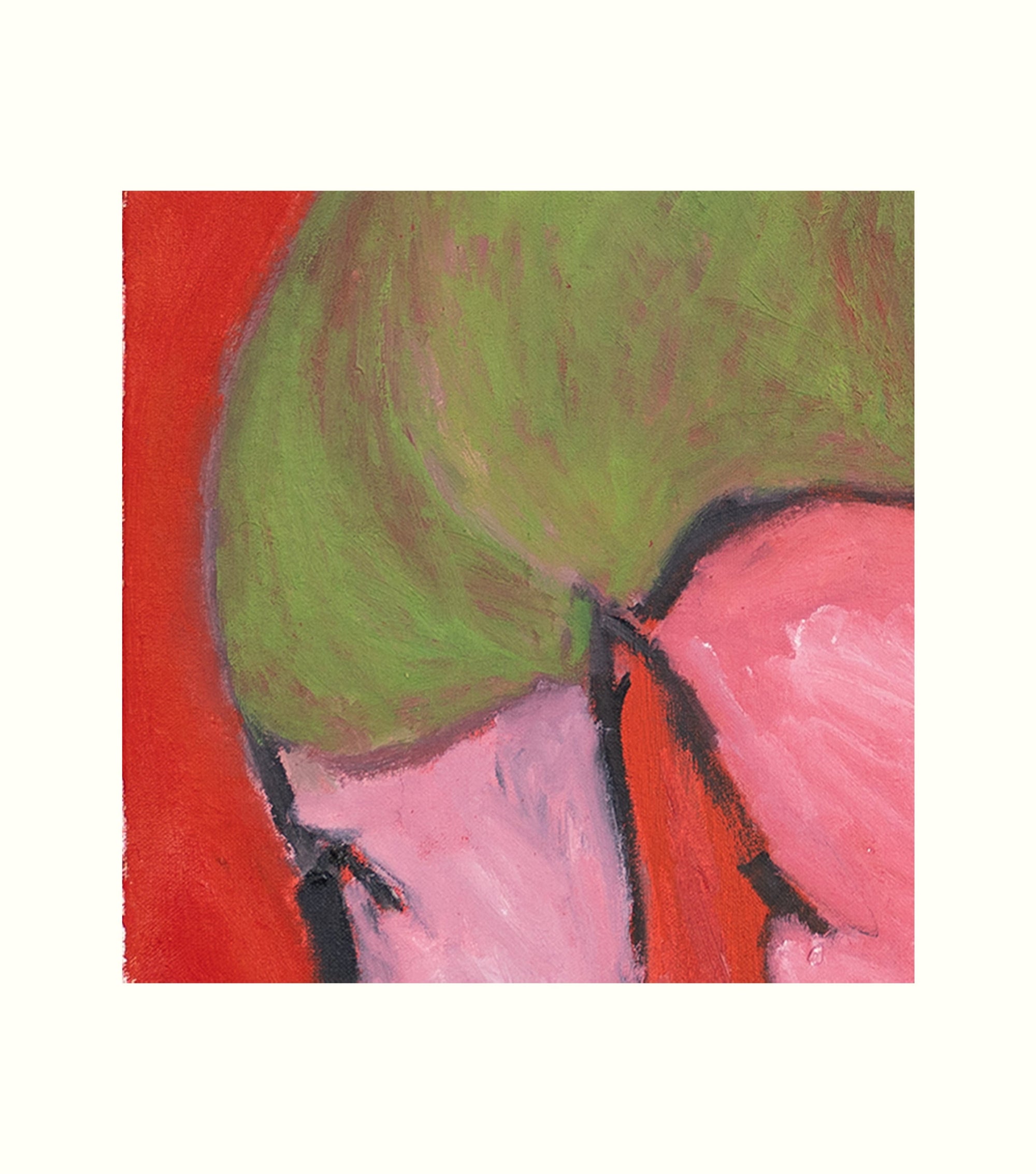 Abstract painting with green, pink, and red colors on a white background