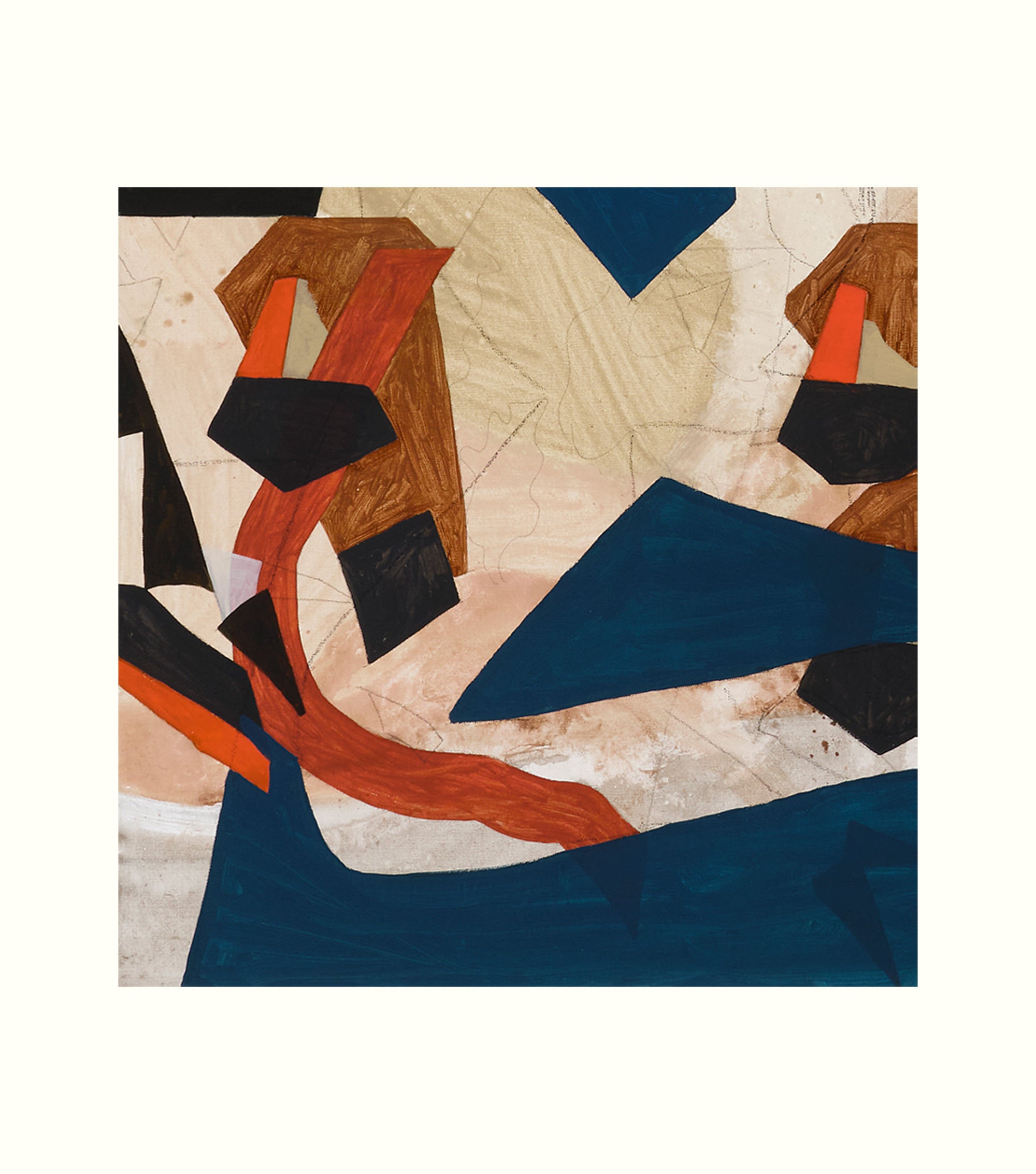 Abstract art piece with geometric shapes in black, orange, and blue on a beige background