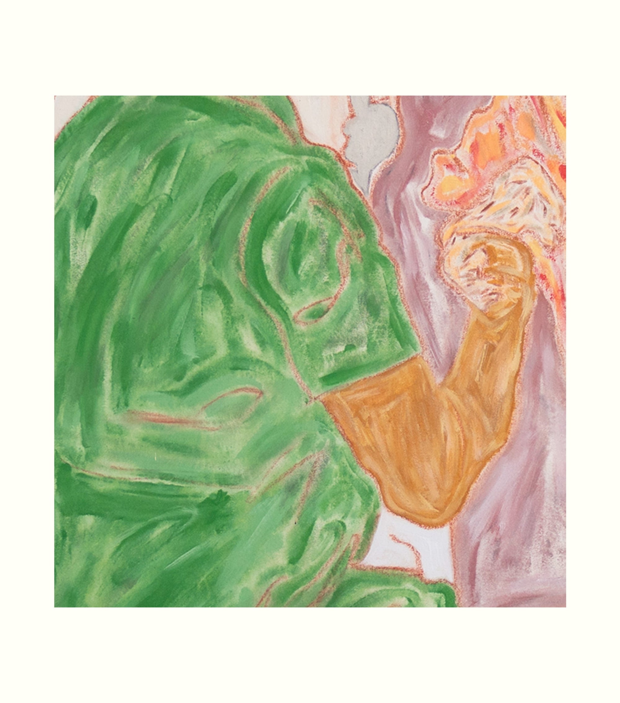 Abstract artwork with green, orange, and pink colors on a white background