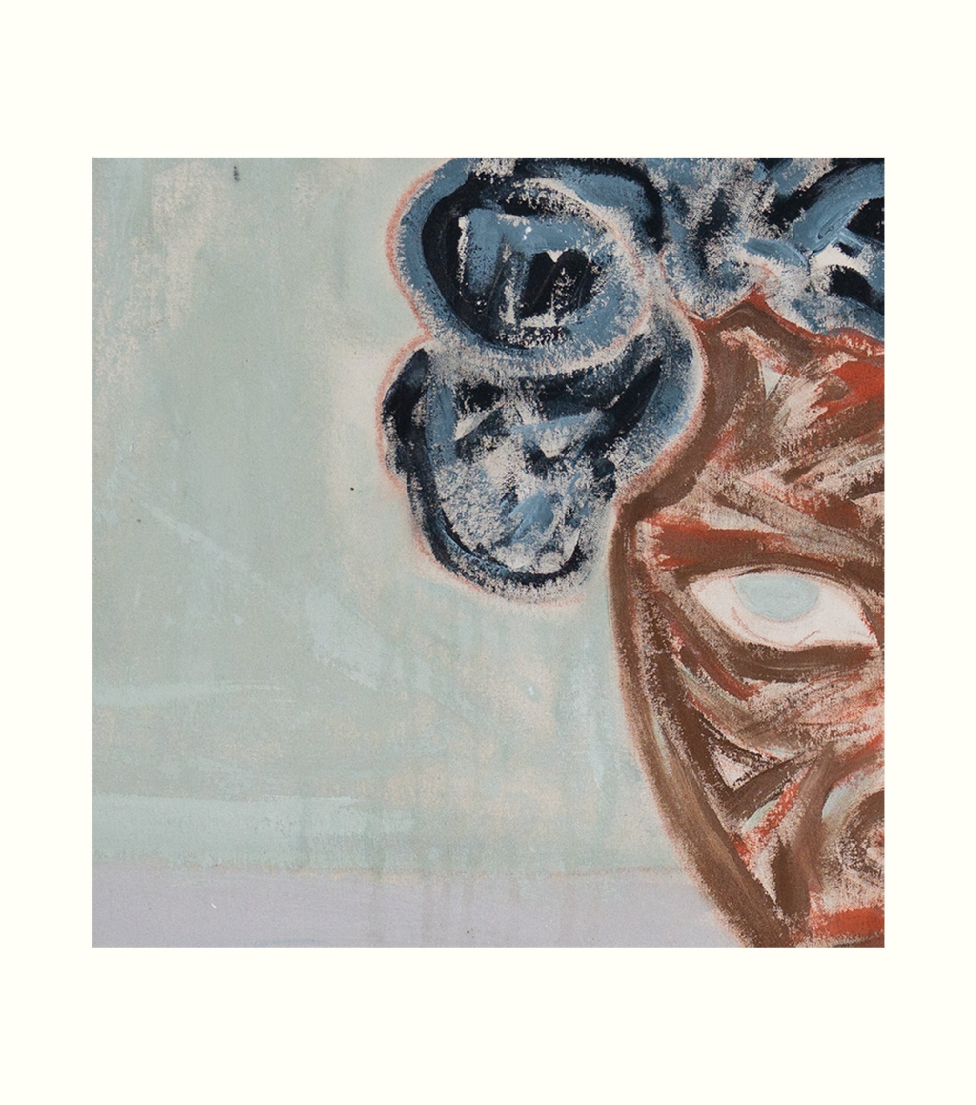 Abstract art with swirling patterns in blue, brown, and white on a light background